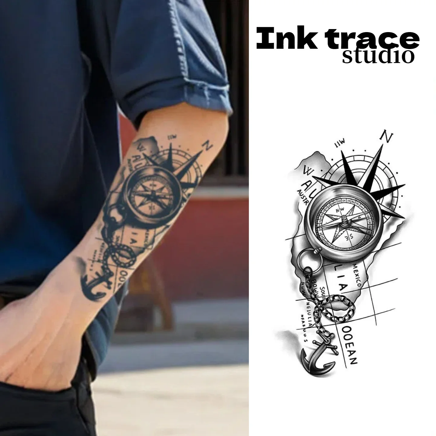 Tatuajes Temporales de Agua con Diseño de Ancla y Reloj, Resistentes al Agua y de Larga Duración (10-12 Días), Calcomanías de Arte Corporal con Base de Hierbas