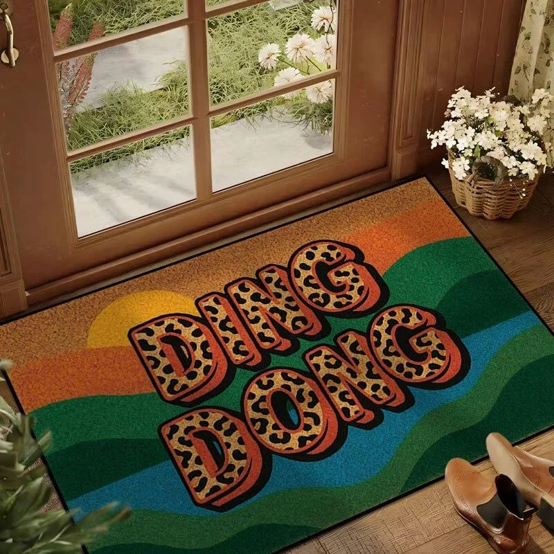 VIKAMA Ding Dong Leopard Rainbow Retro Wave Sun Art Crystal Velvet Door Mat Non Slip Entryway Bedroom Living Room Home Decor
