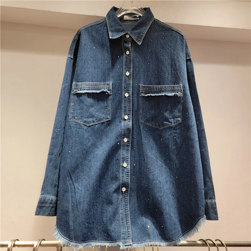 SuperAen Fashion Diamonds Denim Casual Coats Women's New 2025 Spring Washed American Retro Lapel Neck Loose Shirts