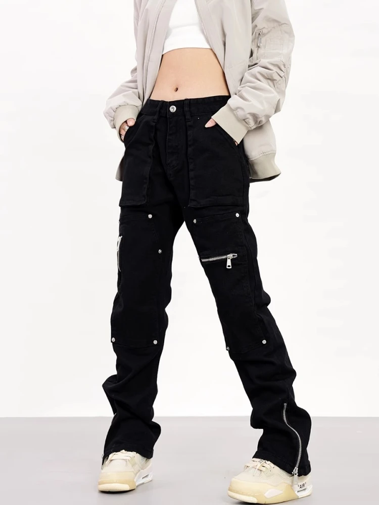 

Джинсы прямого кроя с функциональными заклепками и молнией в американском стиле, унисекс, модные, из денима