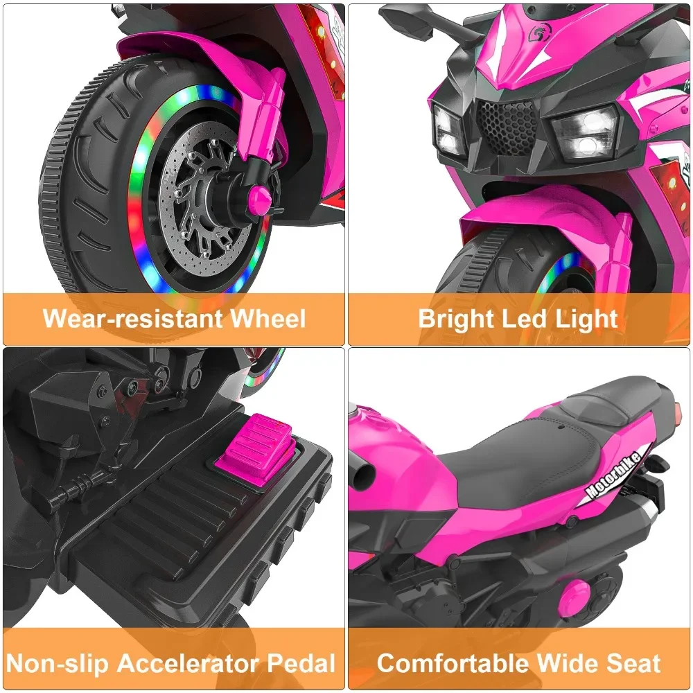 12V Electric Kids' Ride on Vehicles, Powered Toy Motorcycle, Child Motorcycle Ride on With Light Wheels and Bluetooth Music Pink