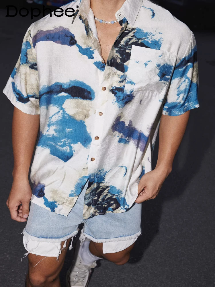 

Fashion Printed Short Sleeve Shirts Men's 2026 Spring Summer New Loose Comfort Shirts Lapel Pocket Decoration Breathable Tops