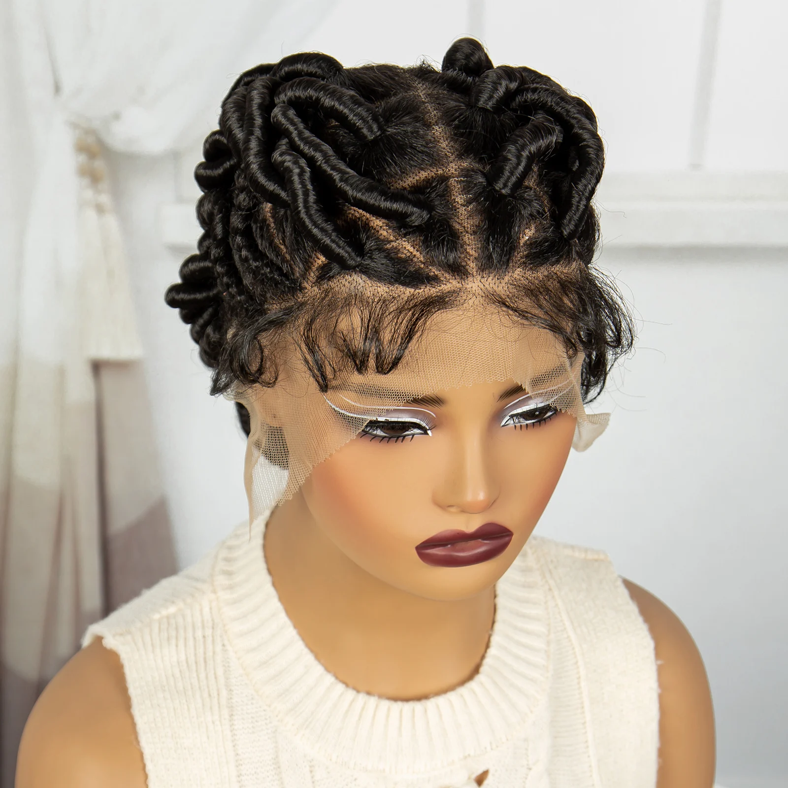 Short Handmade Bantu Braided Wig Synthetitc Knotless Braids Wig Transparent Full Lace Braided Wig with Baby Hair for Black Women