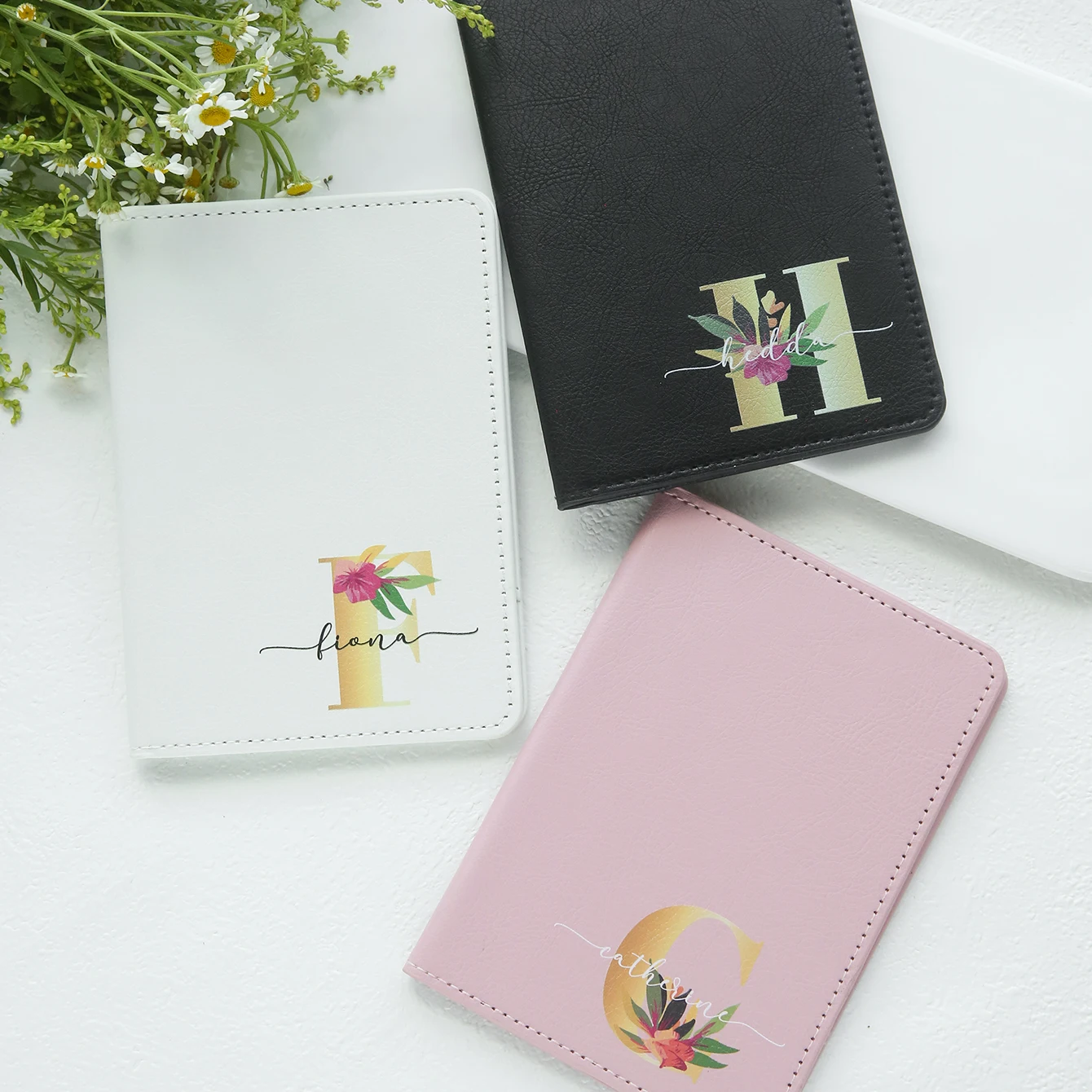 Personalized Custom Floral Gold Monogram Initial & Cursive Name Leather Passport Wallet Watercolor Print Custom Monogram Gifts