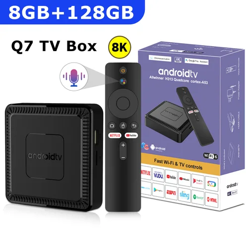 Q7 nuevo Android 14 TV Box 8GB + 128GB de decodificador de red inteligente compatible con WiFi 6 Bluetooth 5,0 4K HDR10 Control remoto por voz TV Box