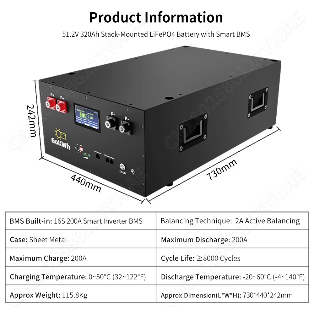 48V 320Ah Lifepo4 Battery Pack 2A Active Balancing With LCD screen APP Control Built-in 16S 200A Smart Inverter BMS 16.384kWh 51.2V Rechargeable Lithium Iron Phosphate Cell For RV Home Solar Energy Storage