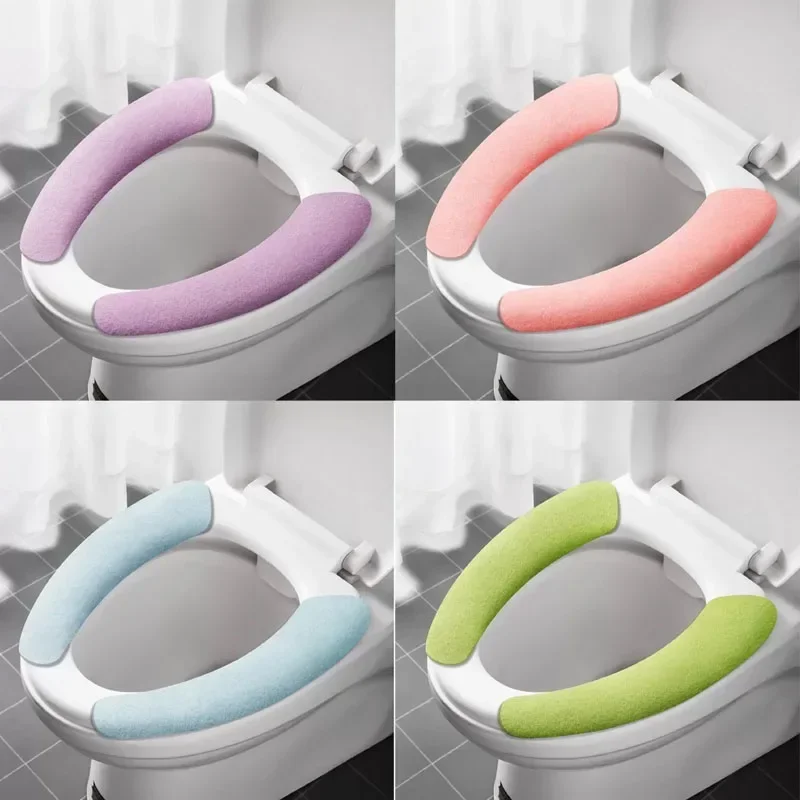 Universal Toilet Seat Cover Soft WC Paste Toilet Sticky Seat Pad Washable Bathroom Warmer Seat Lid Cover Pad Cushion Solid Color