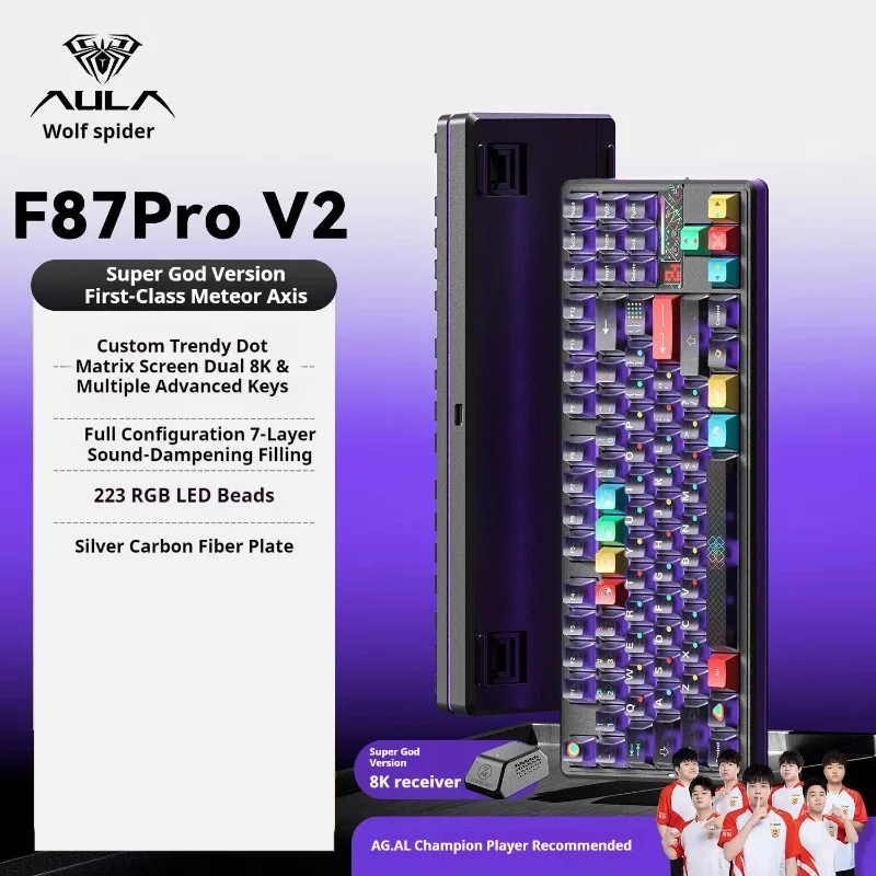 

AULA F87Pro V2 Механическая клавиатура Трехрежимная беспроводная прочная RGB 8000 мАч Аксессуары для ПК и геймеров Прокладка из ПБТ Mac Игровая клавиатура