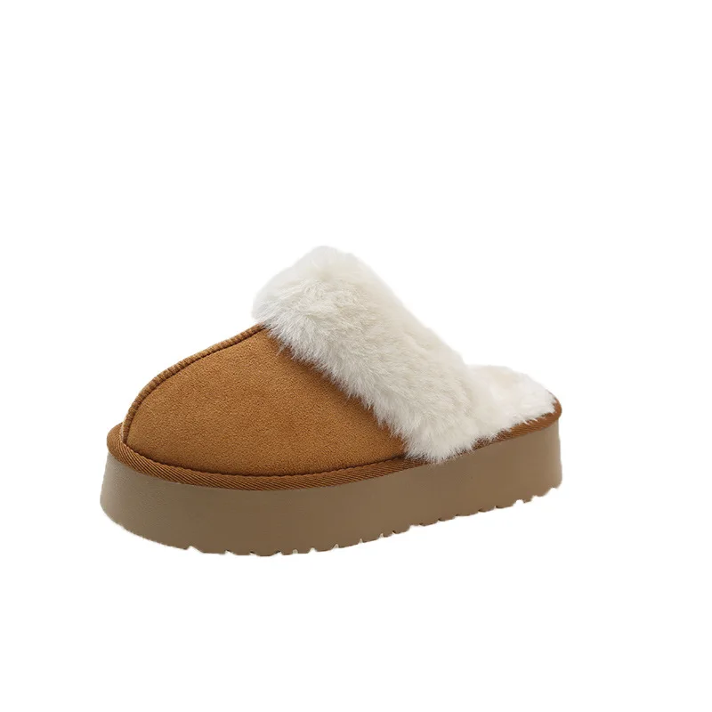 2023 New Winter Women Fur Slippers Warm Boots Platform Flip Flops Short Plush Flats Home Cotton Shoes Suede Mules Ladies Boots