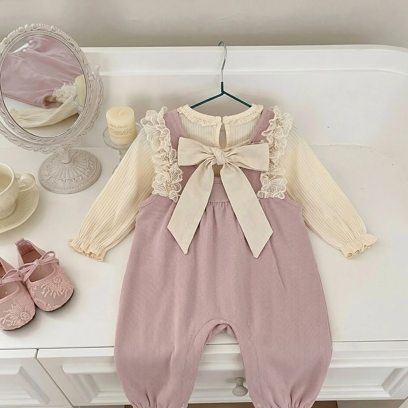 Baby Girl Two-Piece Set: Spring and Autumn Lace Strap Jumpsuit + Lace Collar Long Sleeve Top, Toddler Casual Outfit, Baby Photography Clothing