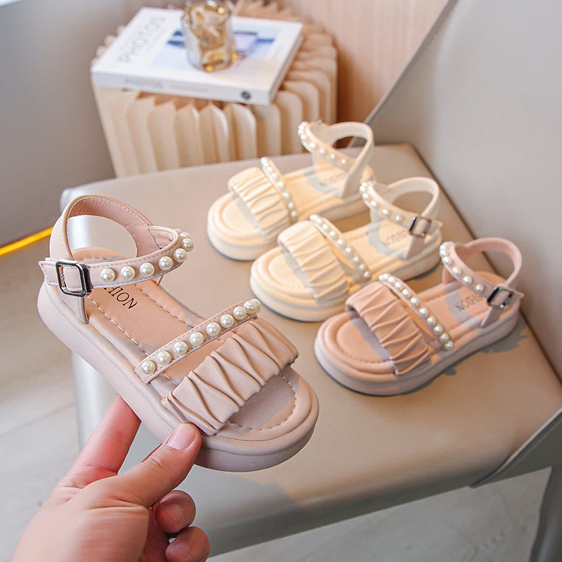 Girls' Sandals Summer Style Fashionable Kids Girl Soft-Soled Imitation-Pearl Princess Shoe Open-Toed Beach Casual Shoes