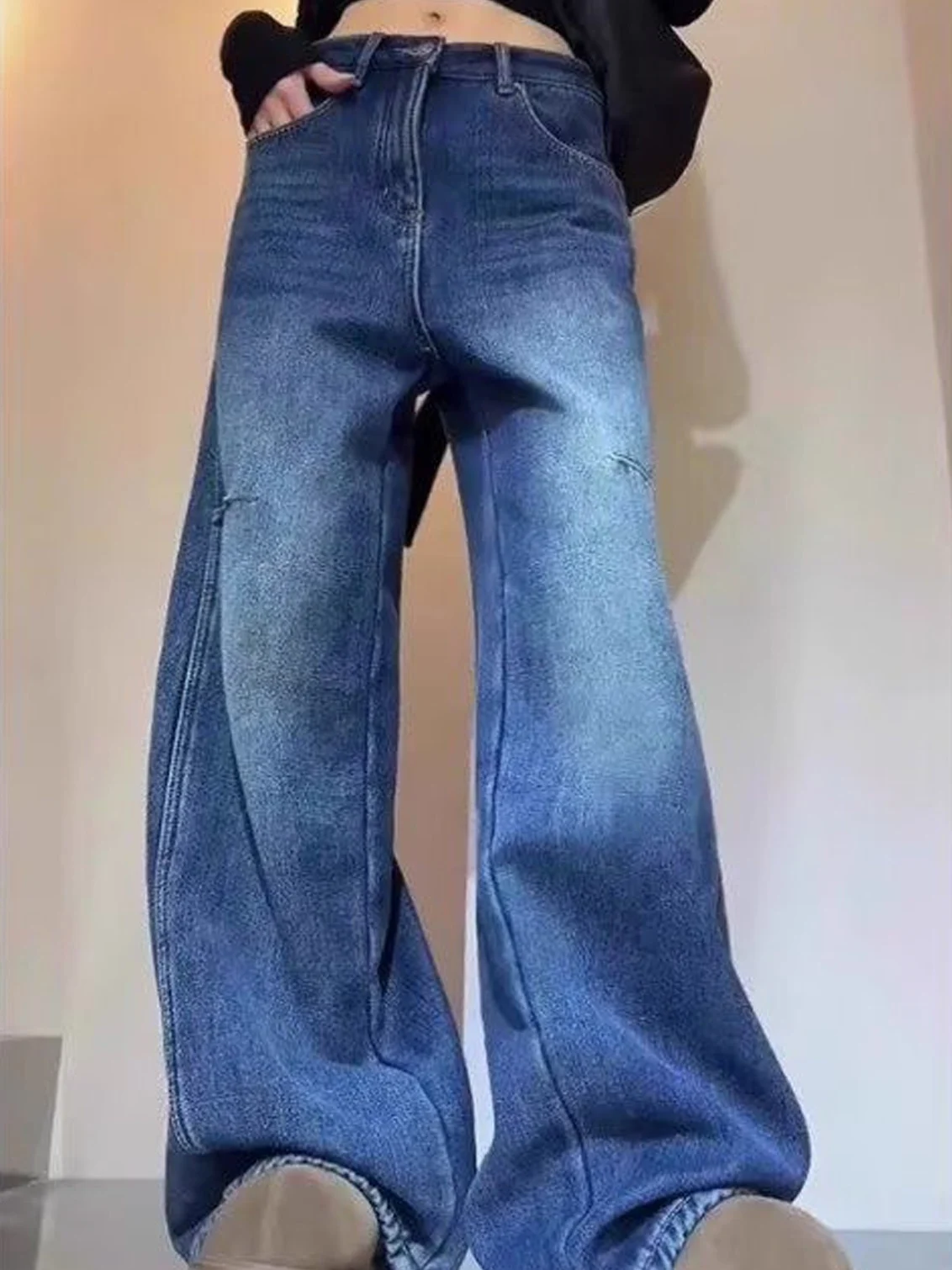 Blue High Waist Wide Leg Jeans Women's Loose Slimming Casual Versatile Knife Long Pants Fall New Style Pear Shape Body Fit