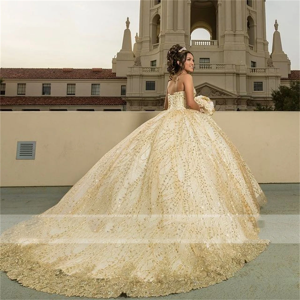 2022 Gold Weg Von Der Schulter Quinceanera Kleider Schatz Tulle Perlen Graduation Party Kleid Prinzessin Ballkleid Kleid Für 16