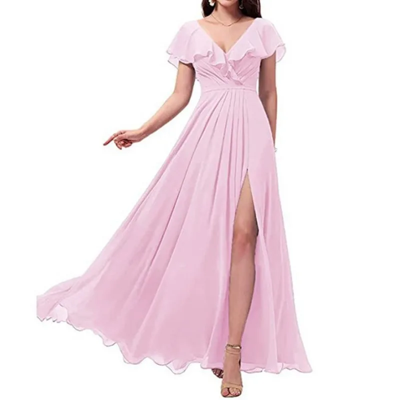 Customized Elegant One-Shoulder A-Line Prom Dress Sleeveless Chiffon High Slit Long Bridesmaid Dresses Wedding Guest Dresses Wom