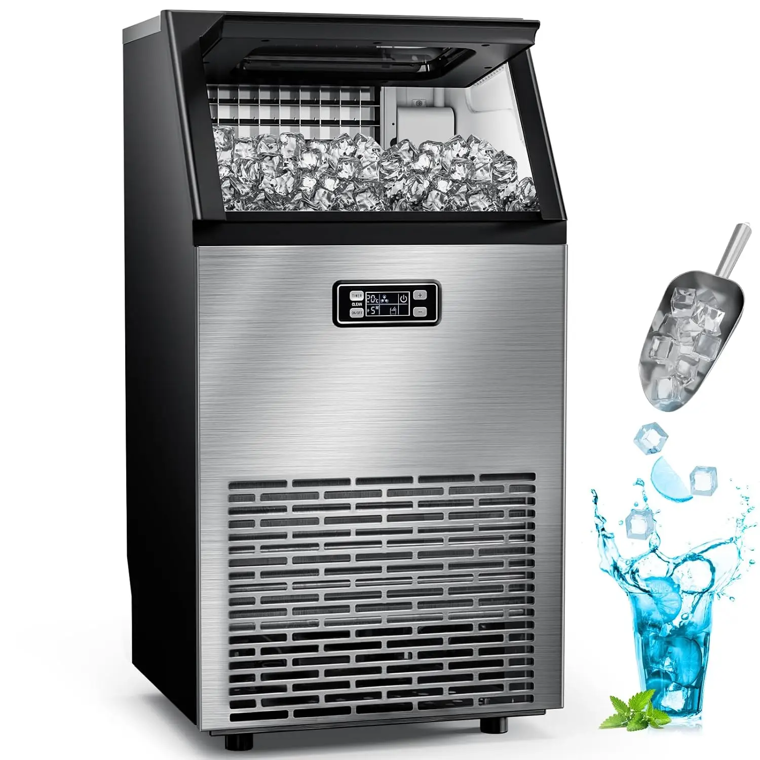 Ice Makers Machine Stainless Steel Makers 100 Lbs of Ice Per 24H with 33 Pounds Storage Capacity Ice Cubes Freestanding Party