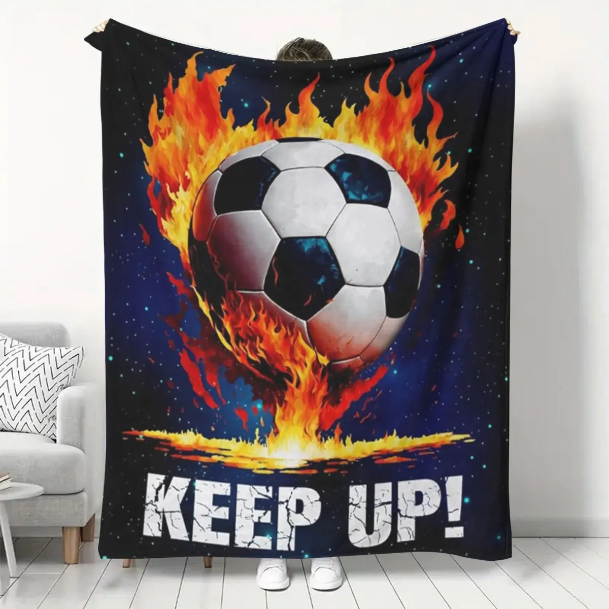 High Quality Football Soccer Ball Fire Throw Fleece Blanket Sports Decor Gift Keepsake Xmas Present for Game Day