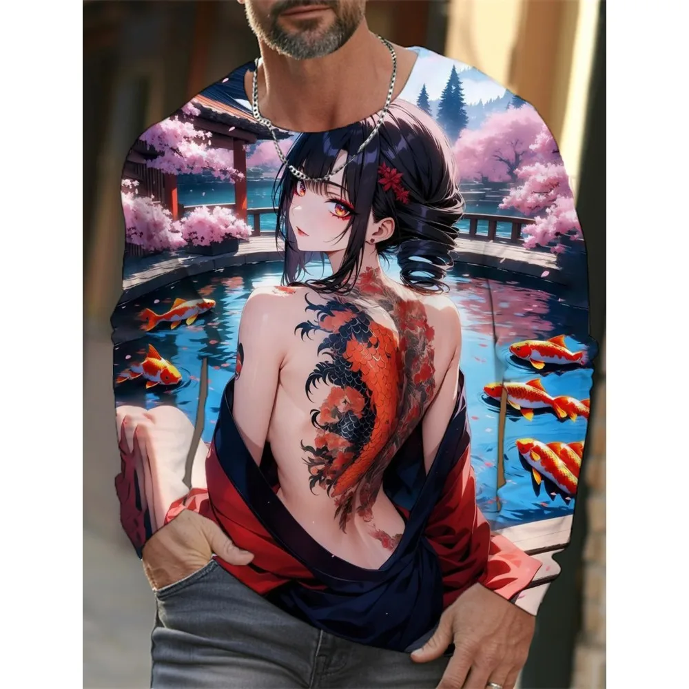 

Y2K New Men's Long-sleeved T-shirt 3D Printing HD Anime Tattoo Beauty Printing Men's Autumn Tops Casual Round Neck Home Clothes