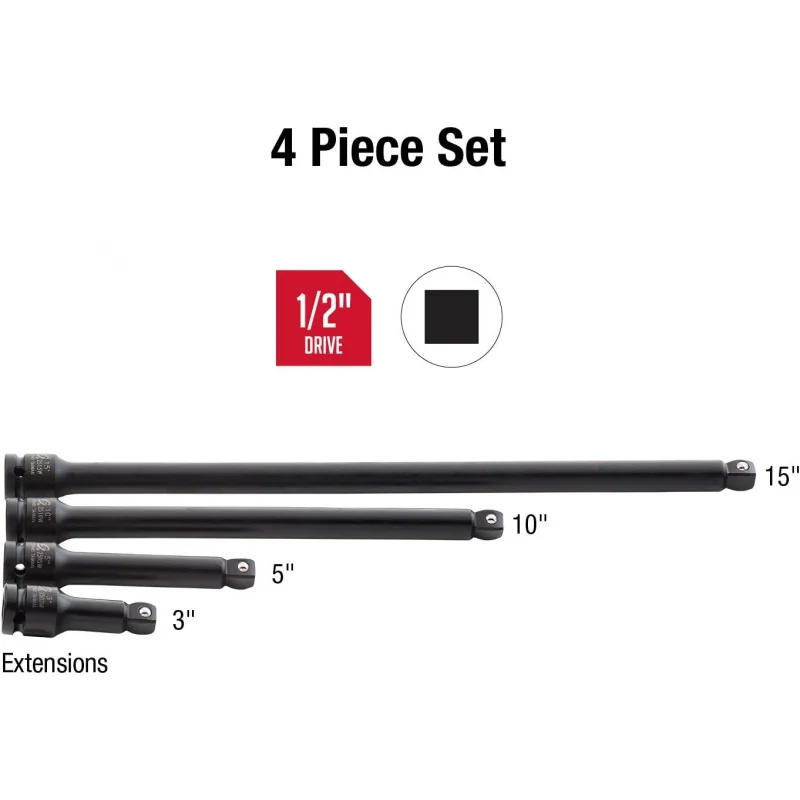 2504, 1/2 Inch Drive Impact Extension Set, 4 Piece, SAE, 3 Inch - 15 Inch, Cr-Mo Steel, Radius Corner Design, Wobble Drive, Stee