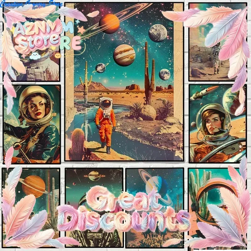 Vintage Space Travel Poster Astronaut Retrofuturism Polariod Planets UFO Scifi Canvas Painting Wall Art Living Room Home Deco