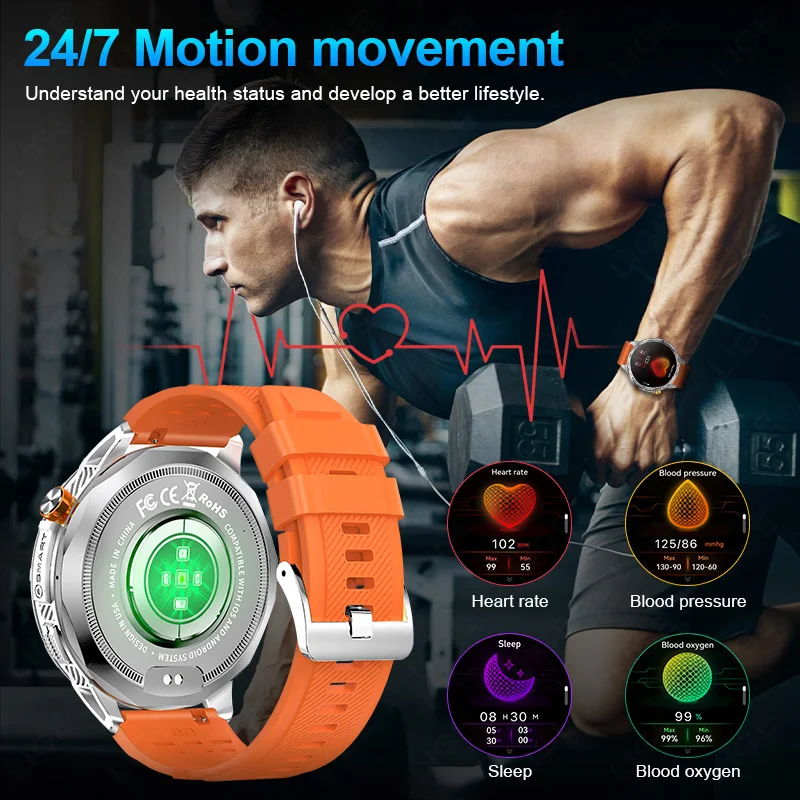 LIGE 730mAh Large Battery Ultra Long Standby Time LED Flashlight Men Bluetooth Call Smartwatch Waterproof 1.75inch Amoled Screen