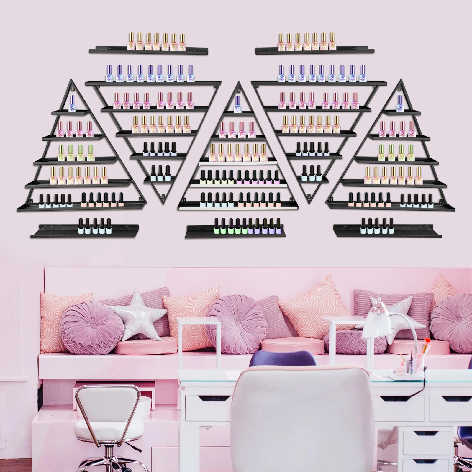 

Triangular Shelf Nail Polish Rack, Wall Mounted, Holds 90 Bottles, Gold Finish, Space-Saving Design
