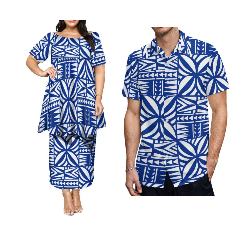 Livre de impostos manga borboleta manga média saia dupla camada puletasi vestido feminino polinésia personalizado casal terno camisas masculinas