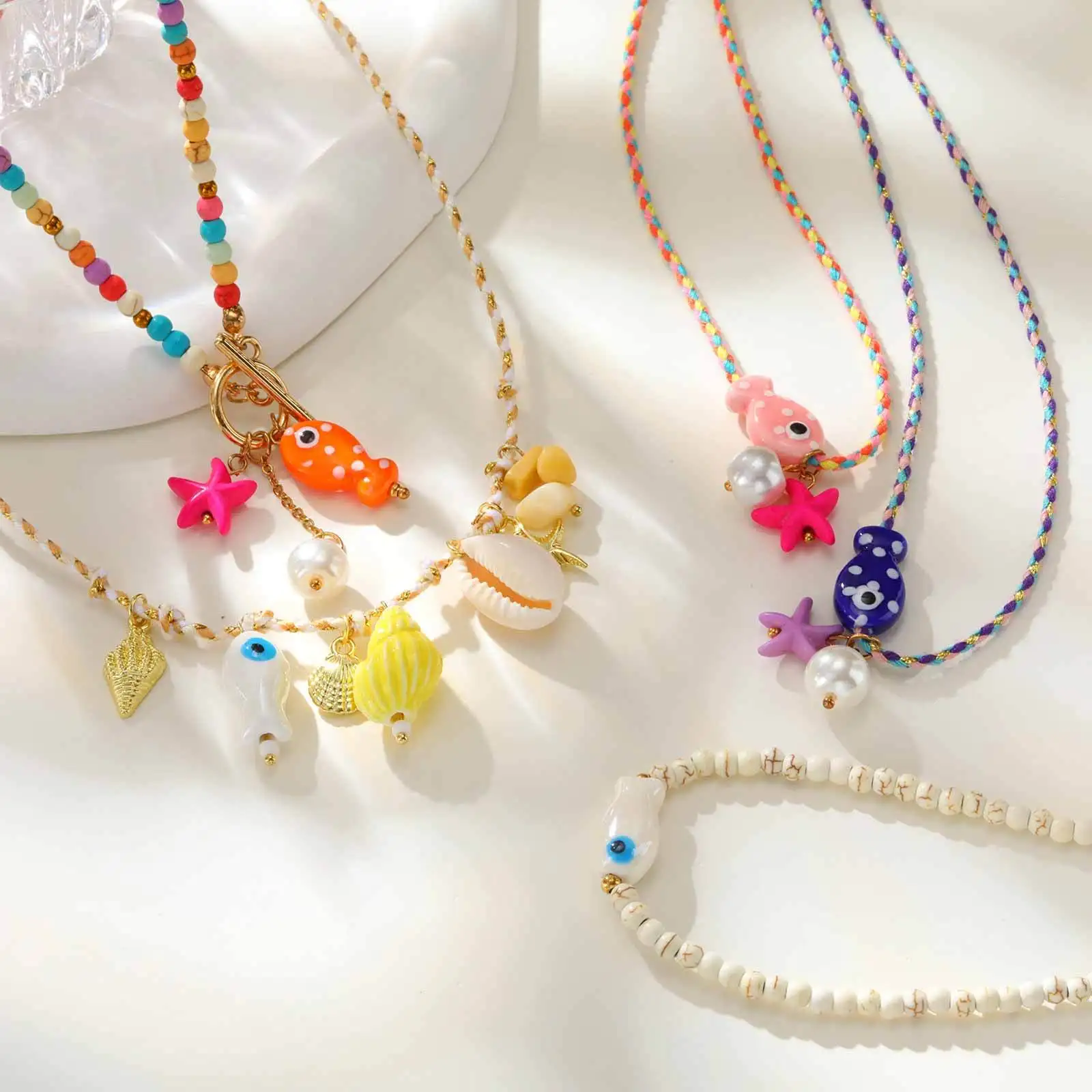 

Bohemian Ocean Necklace Charms Ceramic Fish Conch Starfish Pendant Necklace, Sea-inspired Beach Jewelry