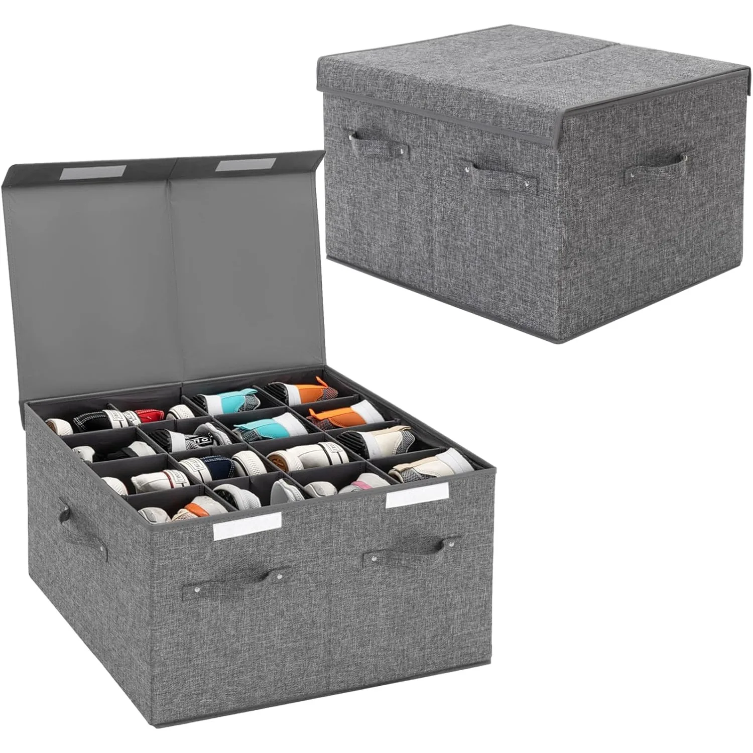 2 Pack Shoe Organizer for Closet Fits 32 Pairs, Large Shoe Storage Box Bins Containers with Lid and Adjustable Dividers (Grey)