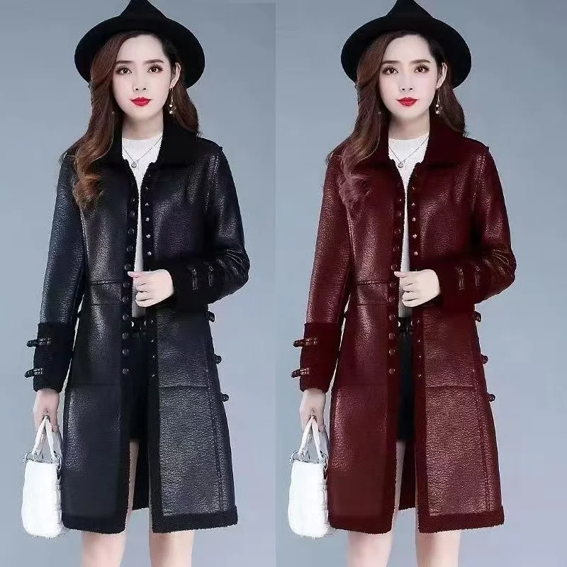 New PU Leather Coat Women Thickened Long Jacket Fur One Winter Overwear High-Grade Windbreaker Female Large Size Trend Top