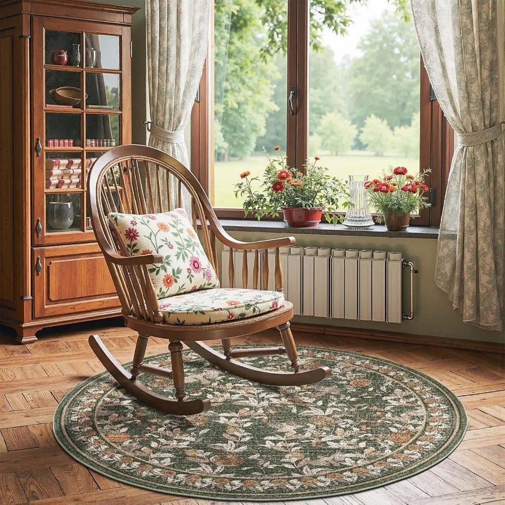 سجادة مستديرة من الزهور من جينشان بطول 5 أقدام، سجادة كلاسيكية قابلة للغسل، ناعمة غير قابلة للانزلاق، سجادة دائرية باللون البرتقالي والأخضر مقاس 5 بوصات، سجادة منخفضة كومة من Ru
