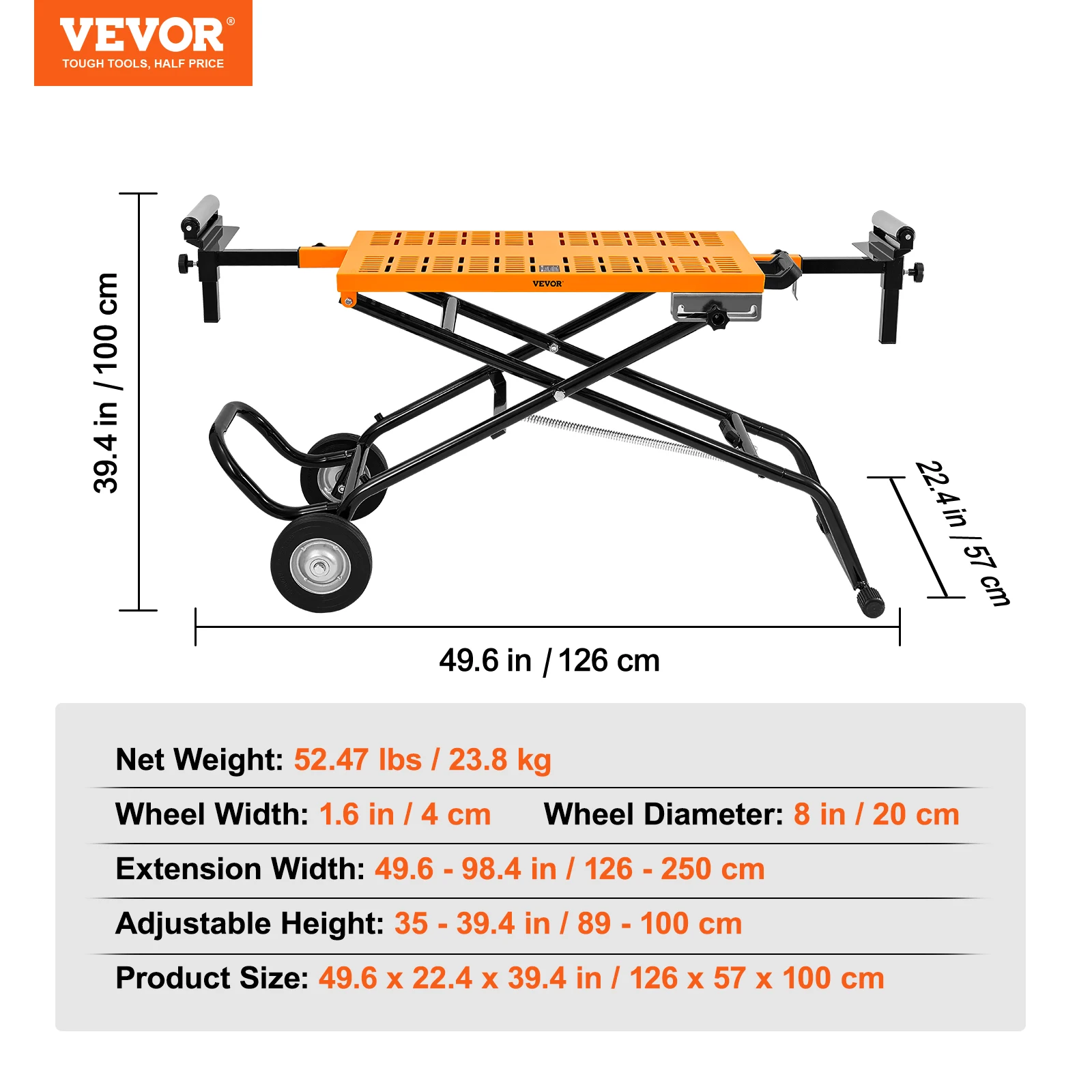 VEVOR 100in gergaji bundar dapat dilipat, Rolling Miter Stand Dengan roda rol ringan 550lbs kapasitas beban untuk memotong pekerjaan