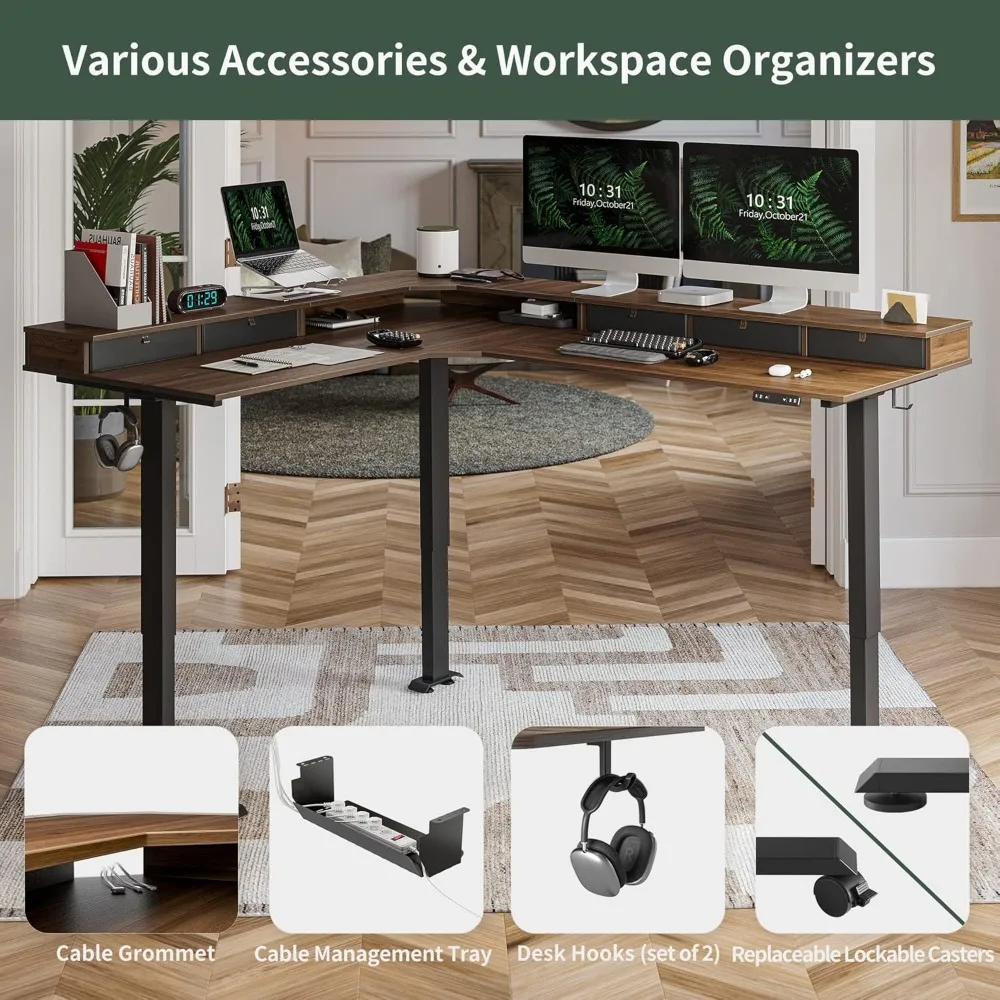 سعة تحميل 75 بوصة، 265 رطل، مكتب قائم على شكل حرف L مع أدراج، مكتب ألعاب كهربائي قائم قابل للعكس بارتفاع قابل للتعديل #6