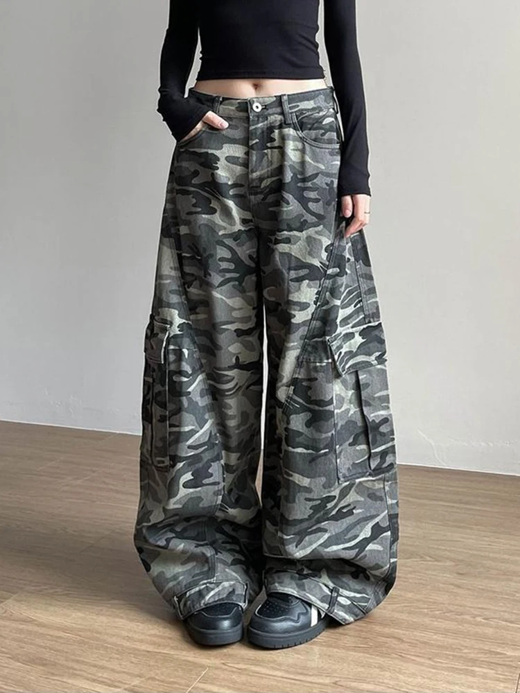 

Женские камуфляжные широкие брюки, уличная одежда, свободные брюки с большими карманами, крутые летние брюки унисекс прямого кроя для девочек