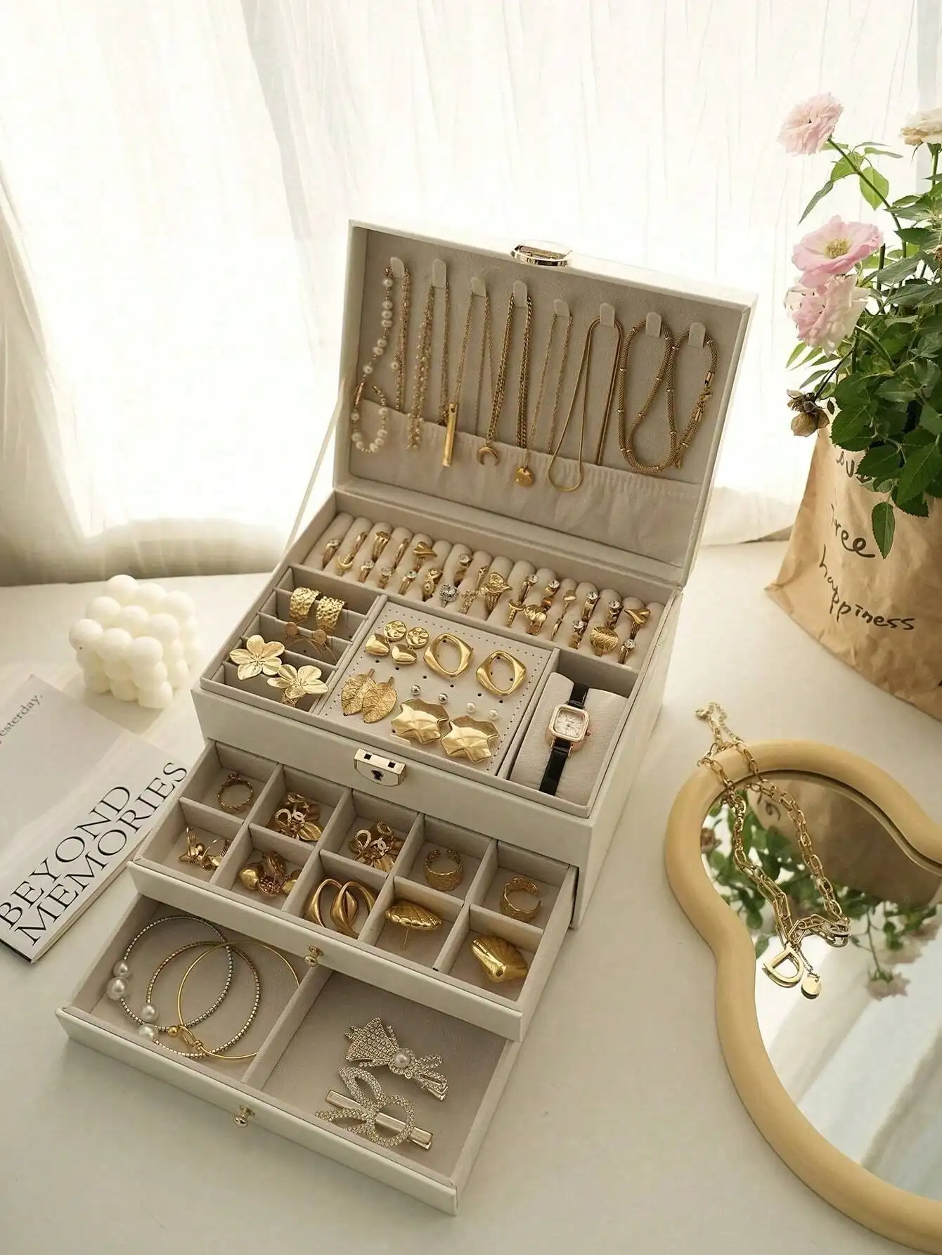 3-Layer Locking Large Capacity Jewelry Storage Box, Portable Jewelry Storage Box, Dresser Jewelry Storage Box With Drawer, Gift Leather Jewelry Box, Exquisite Display Packaging Storage Container, Bathroom Storage Box, Desktop Storage Drawer Box