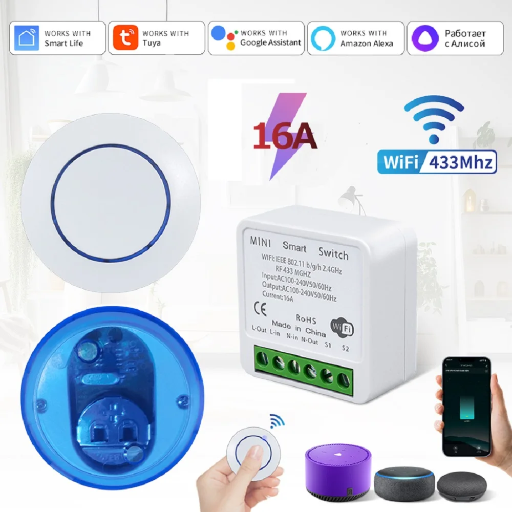 Tuya Wifi inteligente interruptor RF 433MHz Alexa asistente de Google Alice 16A Control remoto por voz Mini módulo Universal para iluminación Led