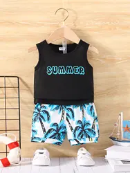 Summer 2-piece Baby Boy Casual Sports Outdoor Comfort Breathable Beach Vacation Travel Black Vest + Coconut Tree Printed Shorts