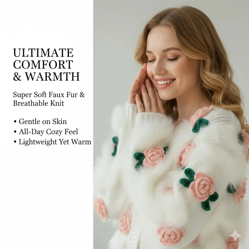 

Вязаный топ с 3D цветочной вышивкой, свитер с розой, кардиган, женская весна-осень-зима, вязаная верхняя одежда, повседневная куртка с длинными рукавами, новинка