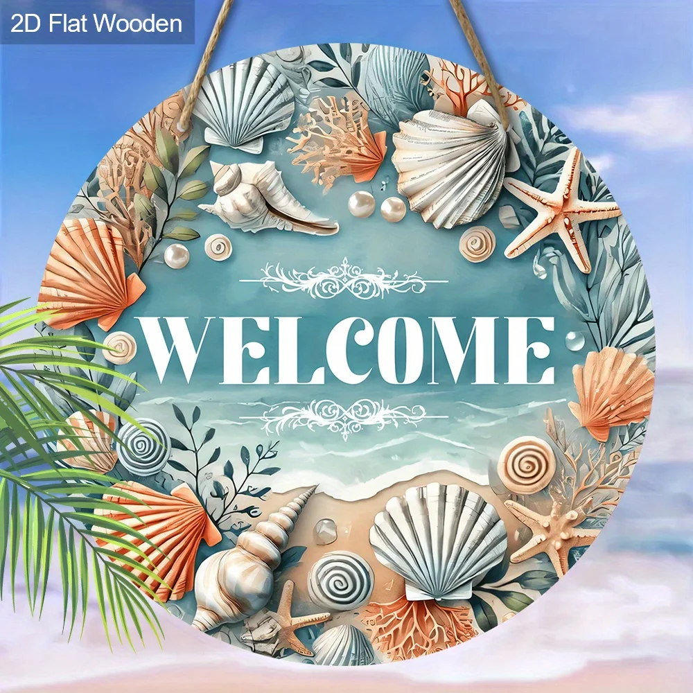 2D Flat, Pendants, Drops & Finials, Printed Wooden Summer Welcome Blue Starfish Seashell Pattern Vacation Gift, Hanging Wooden C
