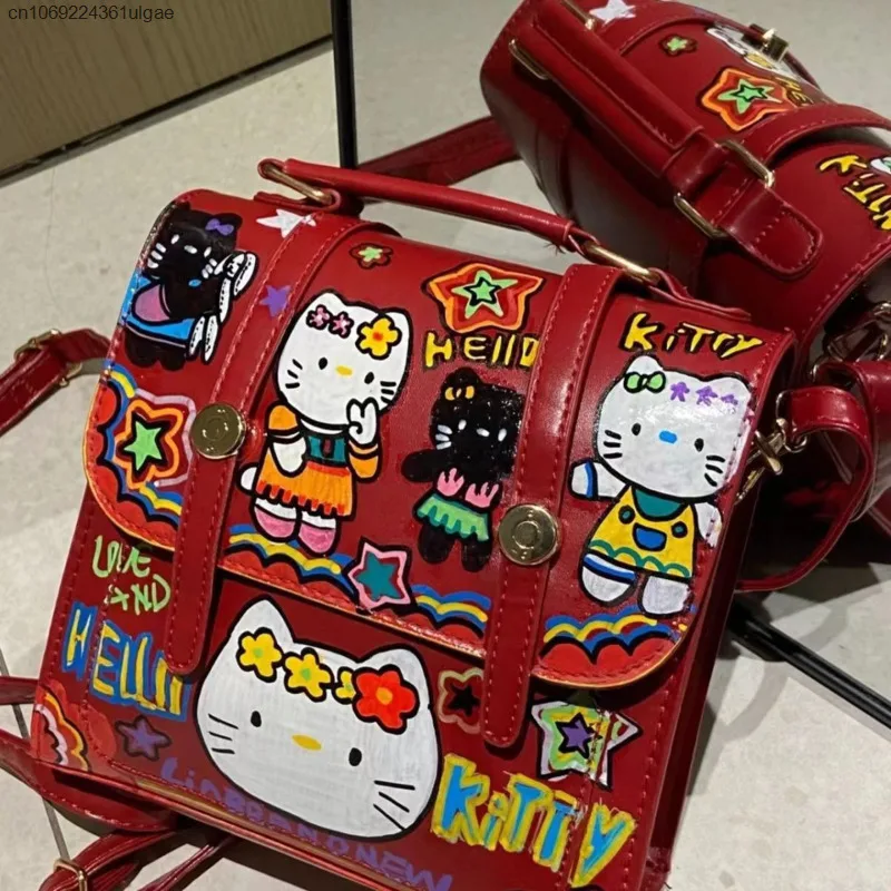 ﻿Sanrio Helllo Kitty Women's New Cute Graffiti Red Backpacks College Style Niche Versatile Practical Backpack Fashion Trend Bags