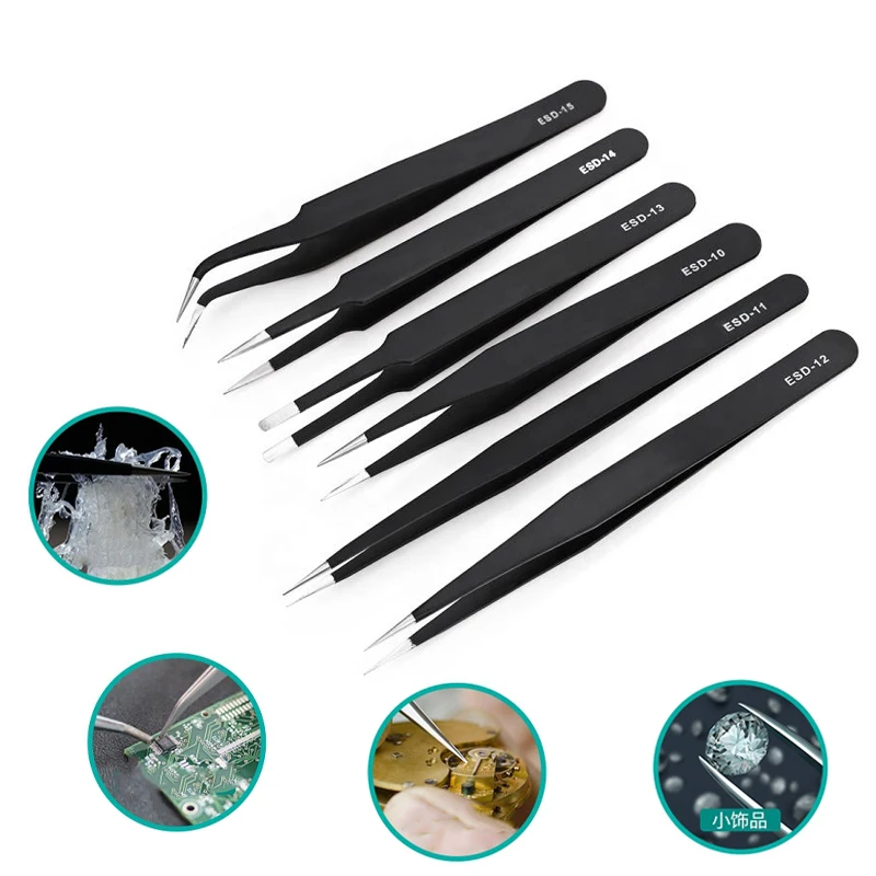 ESD Precision Anti-Static Stainless Steel Tweezers Stainless Steel Maintenance Repair Tool Anti Static Model Making Hand Tools