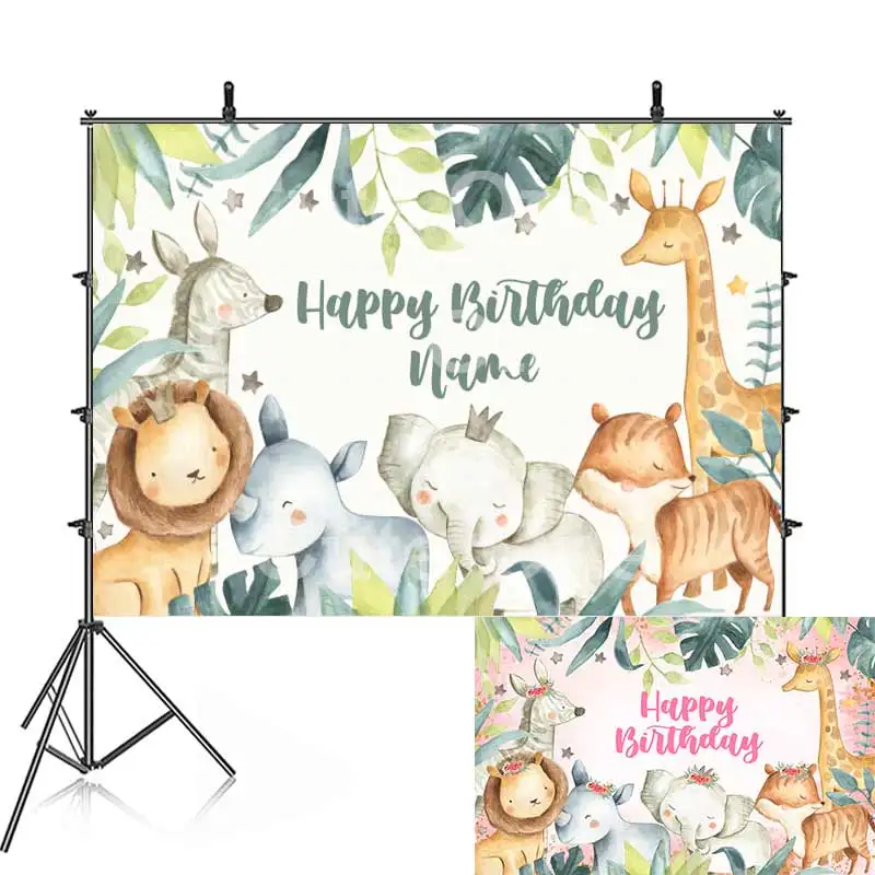 Cute Zoo Animals Birthday Party Backdrop Photography Baby Shower For Pink Blue Jungle Background Banner Custom Name Pic