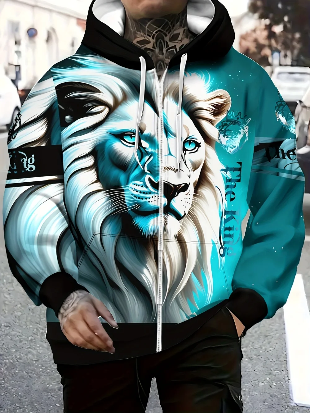 

Fashion Mens Lion Print Long Sleeve Zip up Hoodie Drawstring Hood Pockets Tops Street Casual Animal Graphic Hooded Sweatshirt