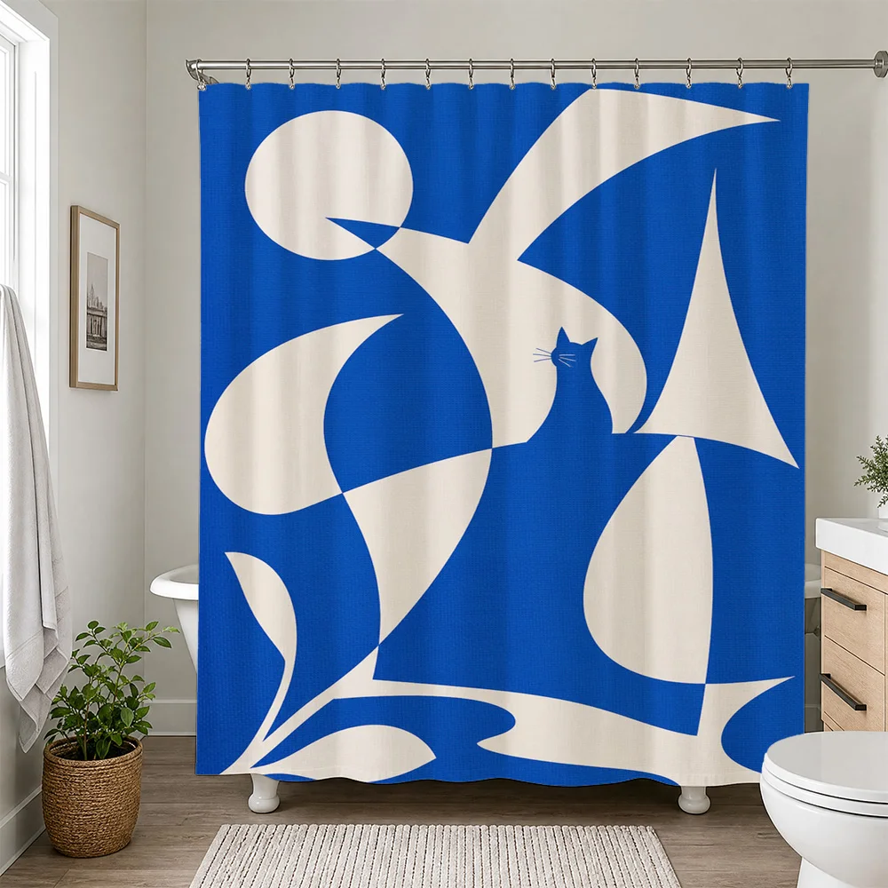 Modern Abstract Blue and White Swan Bird Pattern Shower Curtain Bathroom Decor Waterproof Shower Curtain Liner