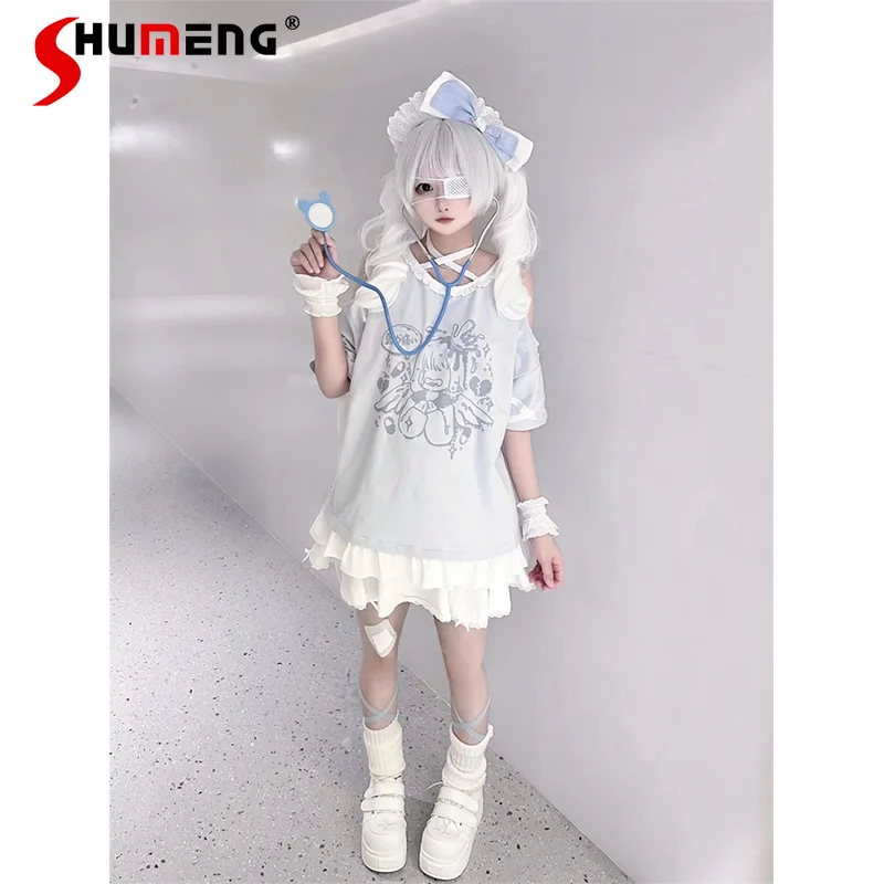 

Original Japanese Style Sweet Soft Girl Watercolor Shirt Top Off-Shoulder Sleeve Ruffles Patchwork Bow Print Loose T-Shirt Women