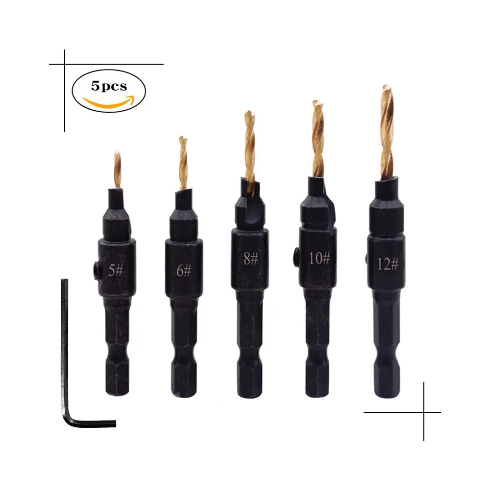 5Pcs onical Drill Bit Countersink Woodwork Pilot Holes HSS Counterbore Cutter Screw Aluminum Plastic Carpentry Pilot Hole