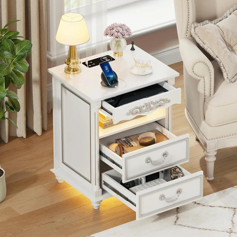 

Nightstand with Gun Drawer, Charging Bedside Table with USB & Type-C Port, Retro Beside Table with Human Sensor Light, Op