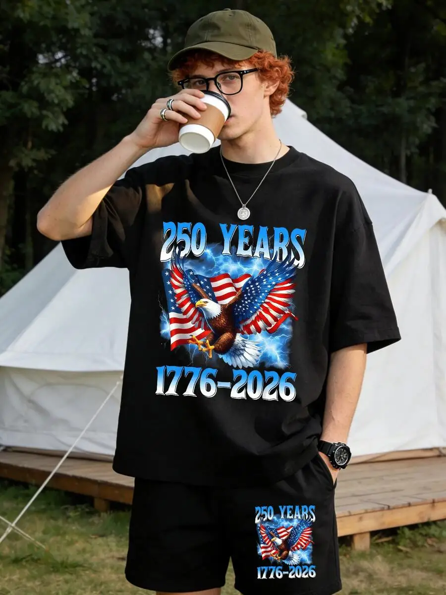 

Mens 250 Years Patriotic Eagle Print Black T-Shirt And Shorts Set 1776-2026