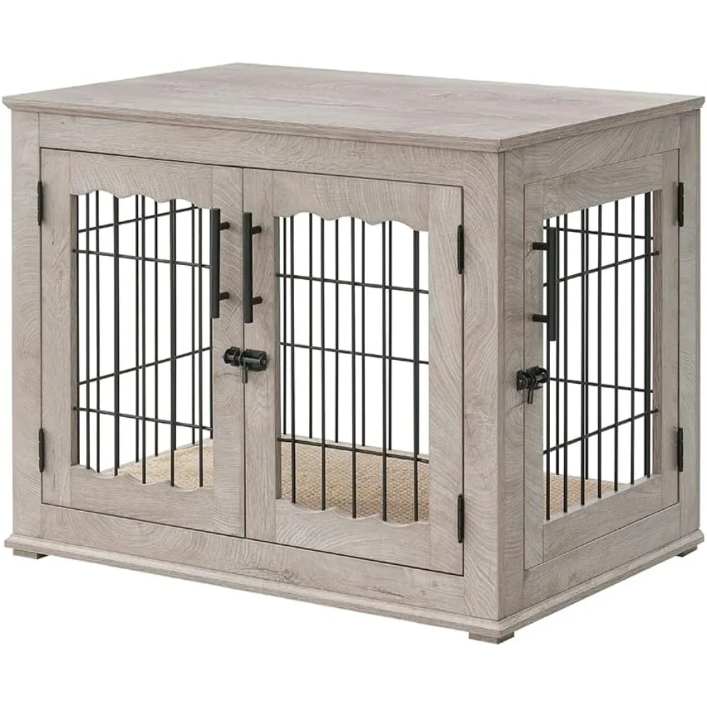 Furniture Style Dog Crate End Table - Double Doors Wooden Wire Dog Kennel with Pet Bed | Decorative Pet Crate Dog House