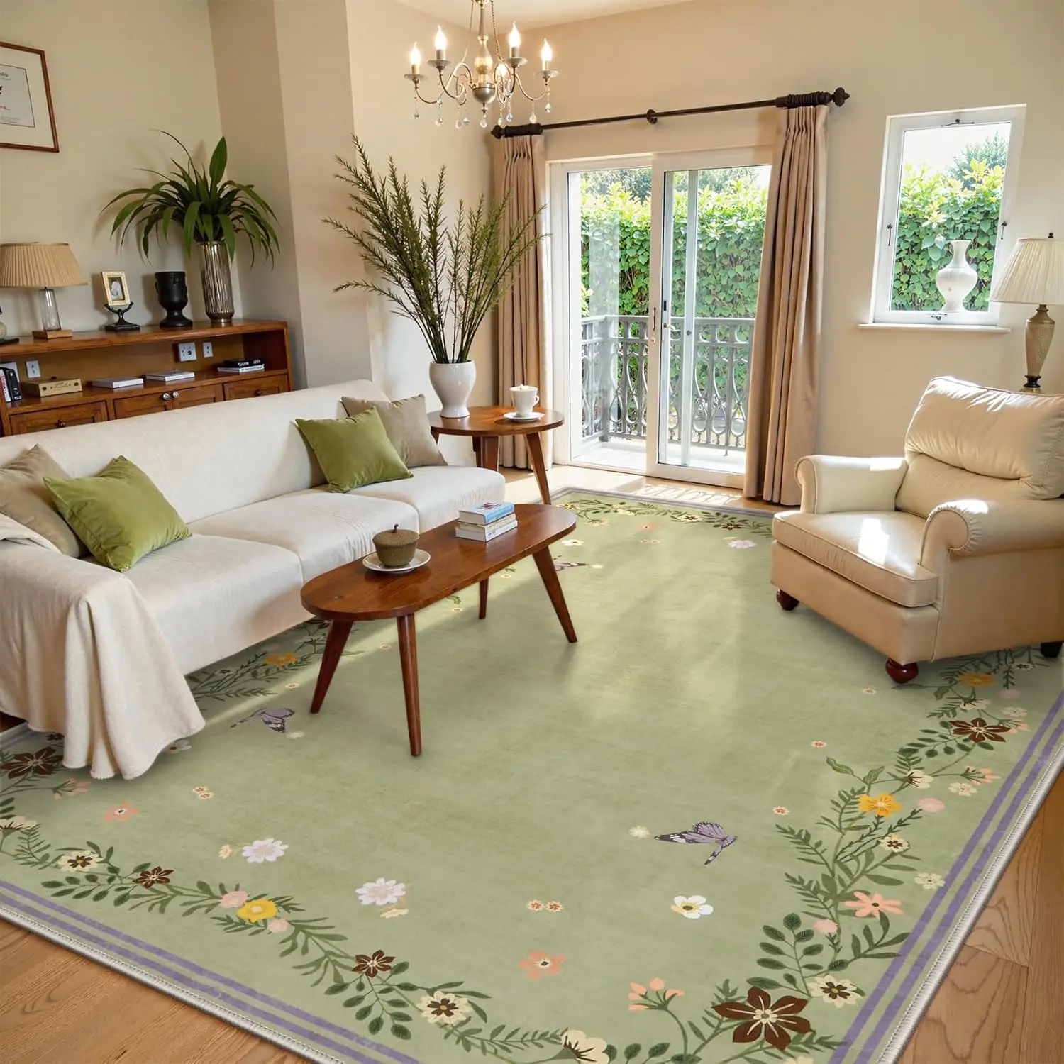 Sage Green Area Rugs for Living Room, Non-Slip Machine Washable Area Rugs with Low Pile Border, Ultra-Thin Carpet for Bedroom