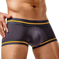 Men Sexy Boxy Underwear Ribbed Breathable Comfy Double-layer U Convex Pouch Boxer Shorts Teenager Low-rise Elastic Sports Trunks